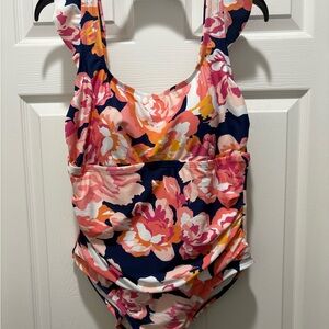 Kona Sol Pink and Navy Floral One Piece Swimsuit